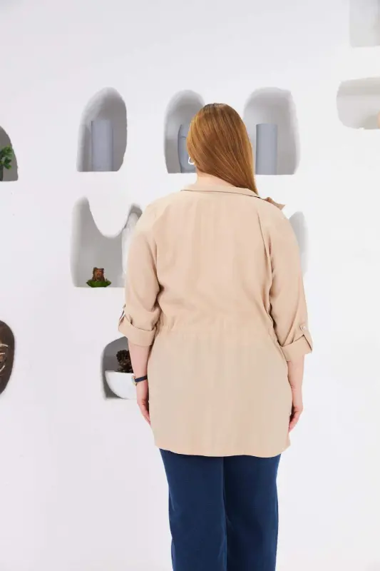 Belted Pocket Detailed Plus Size Jacket Cream - 5