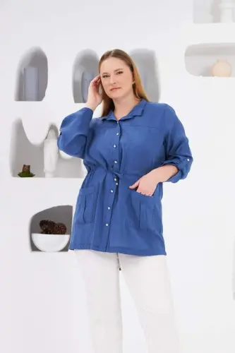 Belted Pocket Detailed Plus Size Jacket Indigo - 1