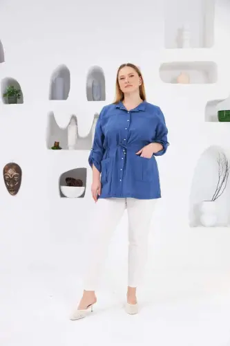 Belted Pocket Detailed Plus Size Jacket Indigo - 6
