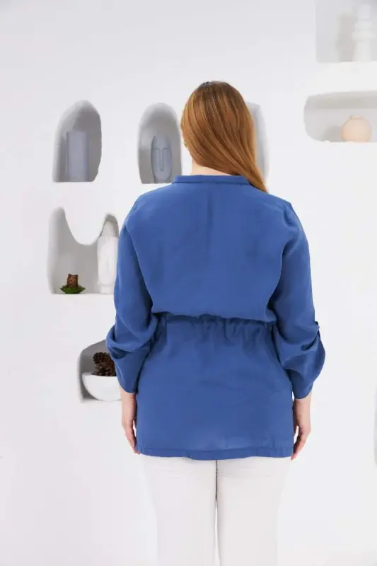 Belted Pocket Detailed Plus Size Jacket Indigo - 7