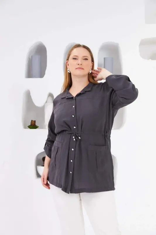 Belted Pocket Detailed Plus Size Jacket Smoked - 1