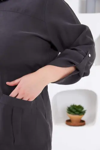 Belted Pocket Detailed Plus Size Jacket Smoked - BÜYÜKBEDENIZ (1)