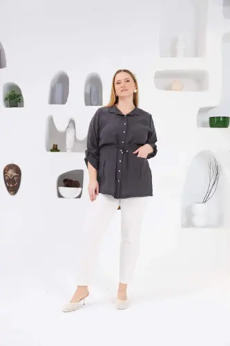 Belted Pocket Detailed Plus Size Jacket Smoked - 3