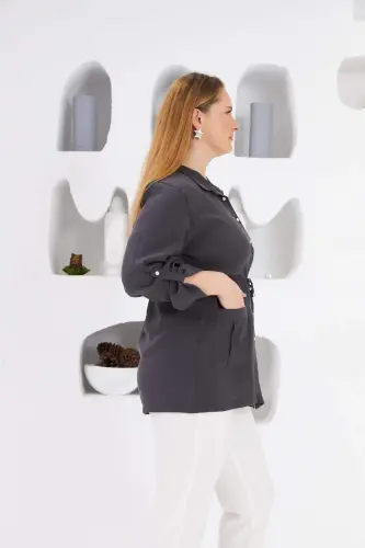 Belted Pocket Detailed Plus Size Jacket Smoked - 4