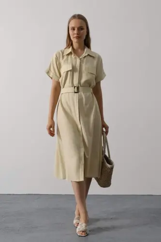 Belted Pocket Detailed Short Sleeve Dress - Ecru - 1