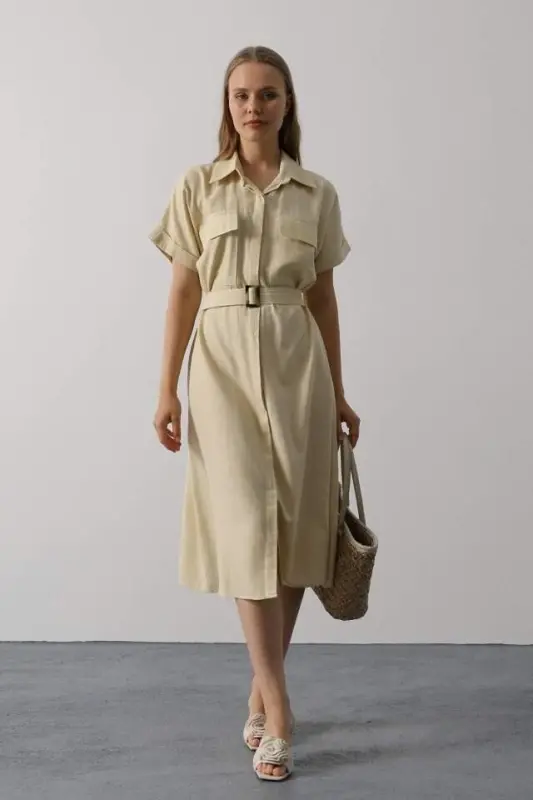 Belted Pocket Detailed Short Sleeve Dress - Ecru - 1