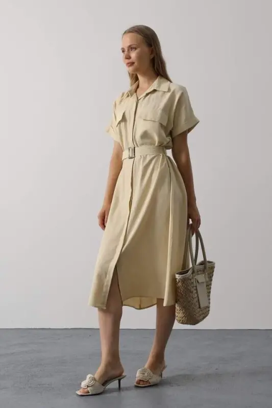 Belted Pocket Detailed Short Sleeve Dress - Ecru - 2