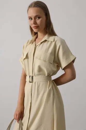 Belted Pocket Detailed Short Sleeve Dress - Ecru - 3