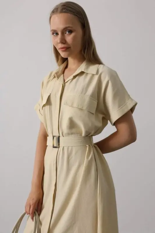 Belted Pocket Detailed Short Sleeve Dress - Ecru - 3