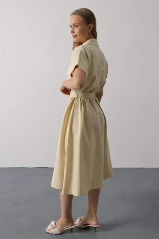 Belted Pocket Detailed Short Sleeve Dress - Ecru - 4