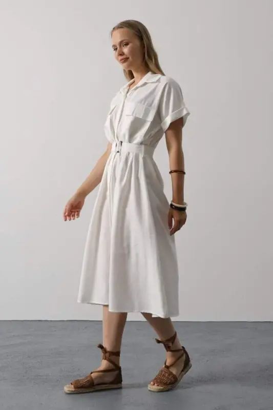 Belted Pocket Detailed Short Sleeve Dress - White - BÜYÜKBEDENIZ