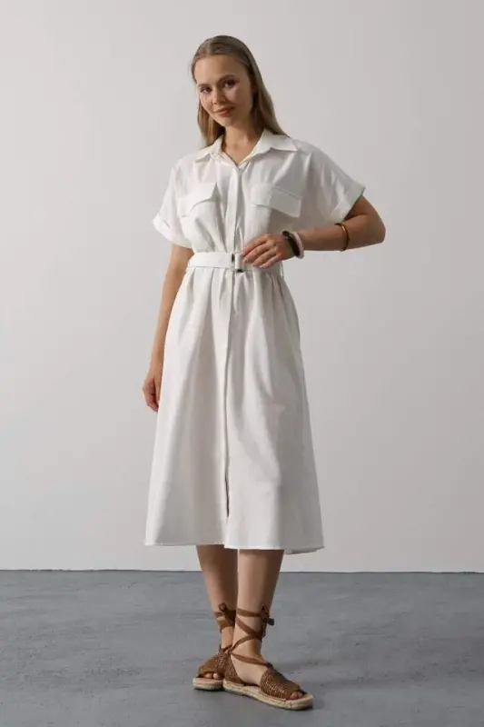 Belted Pocket Detailed Short Sleeve Dress - White - 2
