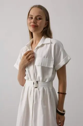 Belted Pocket Detailed Short Sleeve Dress - White - 3
