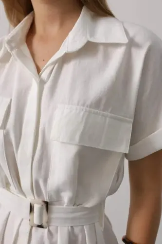 Belted Pocket Detailed Short Sleeve Dress - White - 4