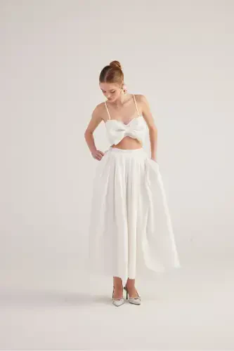 Belted Pocketed Lined Long Olivia Skirt White - 3