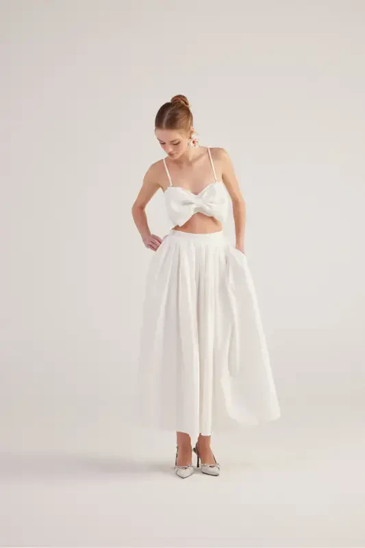 Belted Pocketed Lined Long Olivia Skirt White - 3