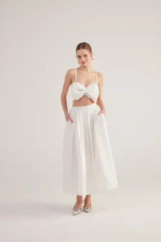 Belted Pocketed Lined Long Olivia Skirt White - 4