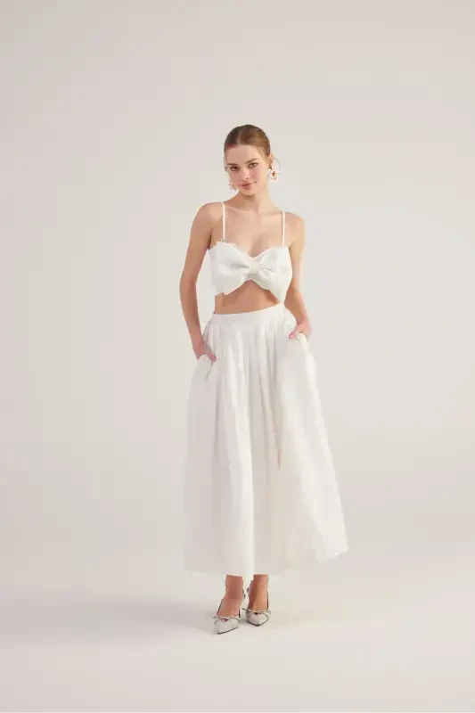 Belted Pocketed Lined Long Olivia Skirt White - 4