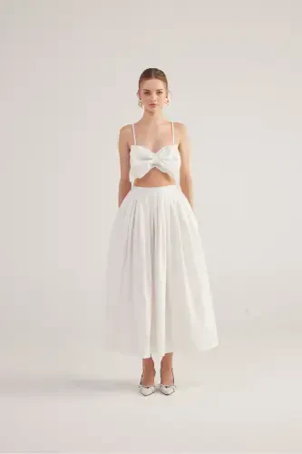 Belted Pocketed Lined Long Olivia Skirt White - 7