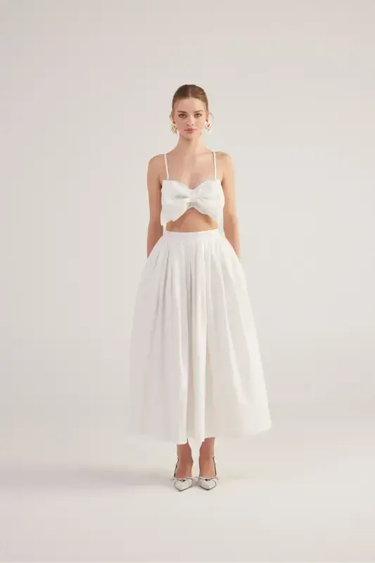 Belted Pocketed Lined Long Olivia Skirt White - 7