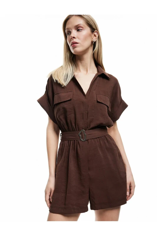 Belted Pocketed Shirt Collar Short Sleeve Modal Fabric Jumpsuit-Coffee - 1