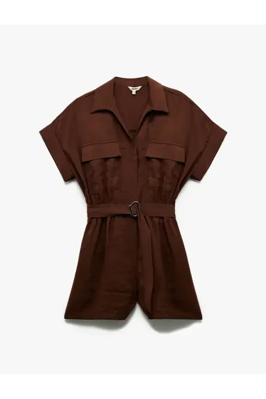Belted Pocketed Shirt Collar Short Sleeve Modal Fabric Jumpsuit-Coffee - 3