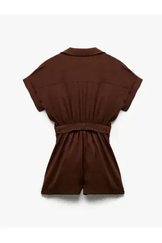 Belted Pocketed Shirt Collar Short Sleeve Modal Fabric Jumpsuit-Coffee - 4