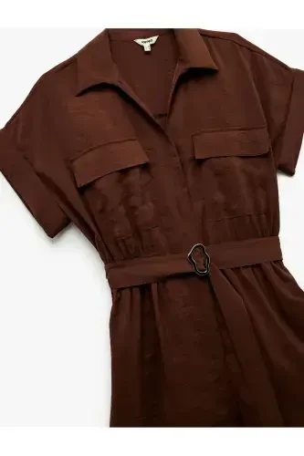 Belted Pocketed Shirt Collar Short Sleeve Modal Fabric Jumpsuit-Coffee - 5