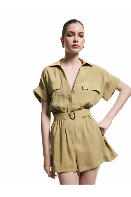 Belted Pocketed Shirt Collar Short Sleeve Modal Fabric Jumpsuit-Khaki - KOTON