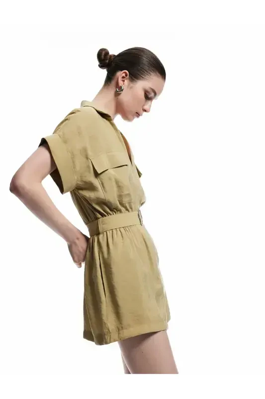 Belted Pocketed Shirt Collar Short Sleeve Modal Fabric Jumpsuit-Khaki - 2