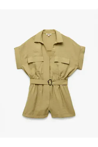 Belted Pocketed Shirt Collar Short Sleeve Modal Fabric Jumpsuit-Khaki - 3