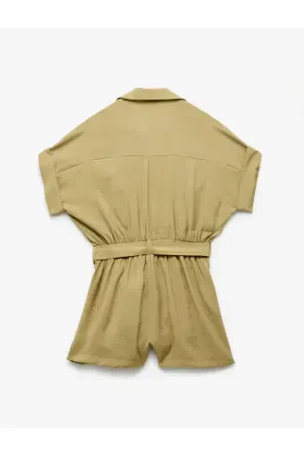 Belted Pocketed Shirt Collar Short Sleeve Modal Fabric Jumpsuit-Khaki - 4