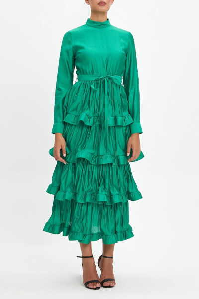 Belted Ruffled Tiered Skirt Green Dress 40244 - SERPIL