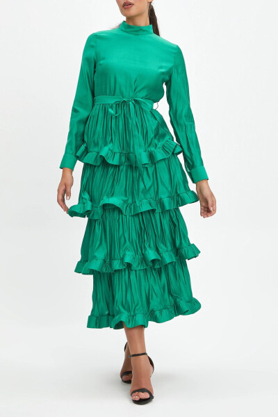 Belted Ruffled Tiered Skirt Green Dress 40244 - 4