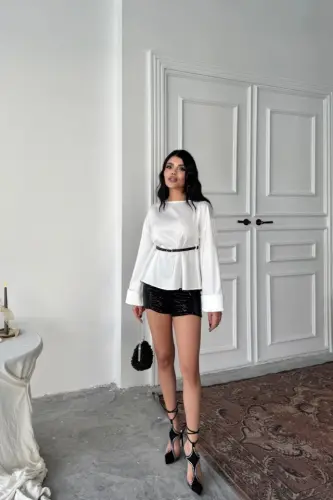 BELTED SATIN BLOUSE - White - 1