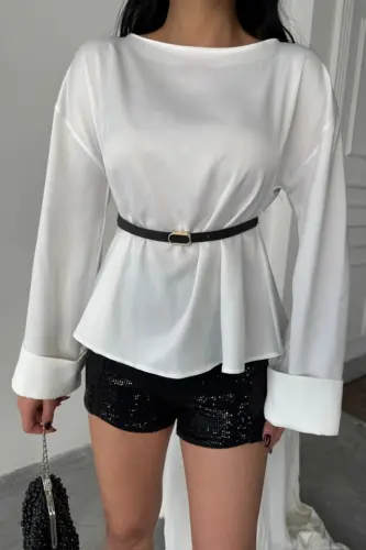 BELTED SATIN BLOUSE - White - 3