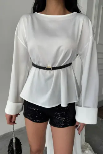 BELTED SATIN BLOUSE - White - 4