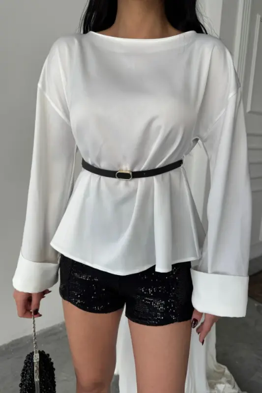 BELTED SATIN BLOUSE - White - 4