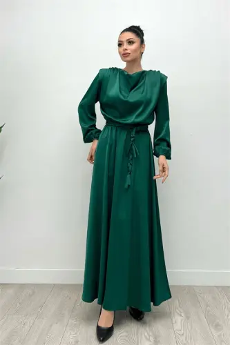Belted Satin Evening Dress - EMERALD GREEN - 1