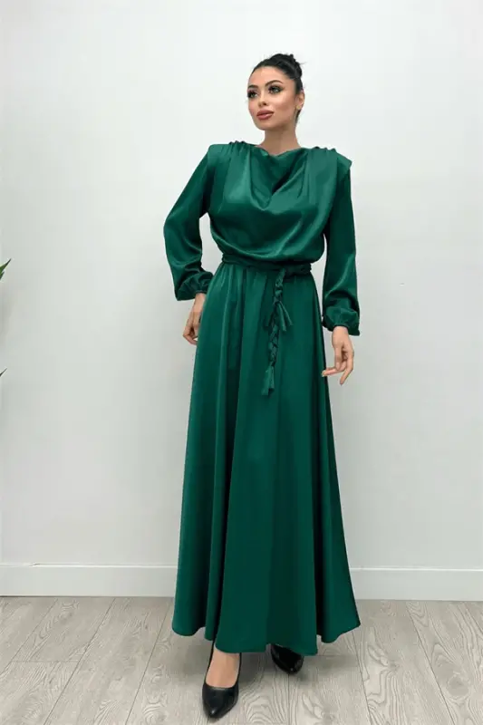 Belted Satin Evening Dress - EMERALD GREEN - BÜYÜKBEDENIZ