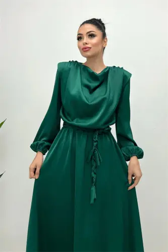 Belted Satin Evening Dress - EMERALD GREEN - 9