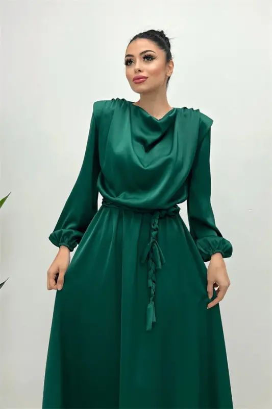 Belted Satin Evening Dress - EMERALD GREEN - 2