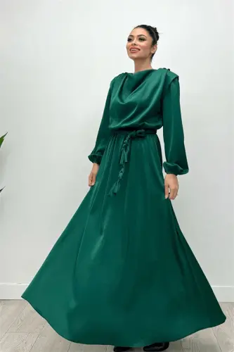 Belted Satin Evening Dress - EMERALD GREEN - 3
