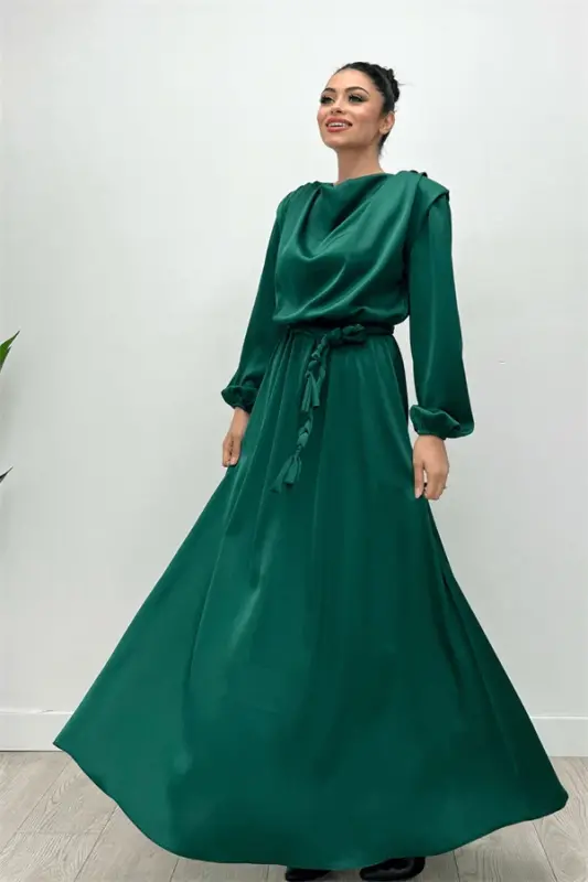 Belted Satin Evening Dress - EMERALD GREEN - 3