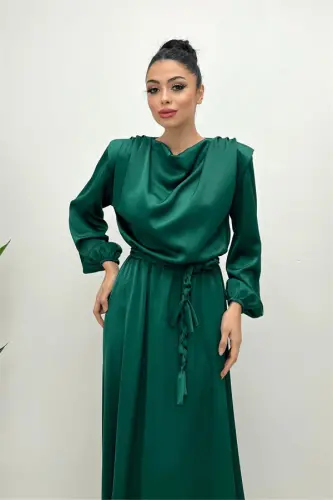 Belted Satin Evening Dress - EMERALD GREEN - 7