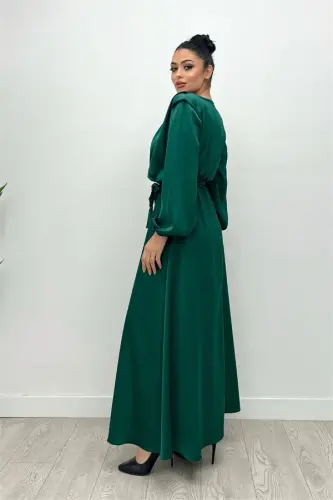 Belted Satin Evening Dress - EMERALD GREEN - 6