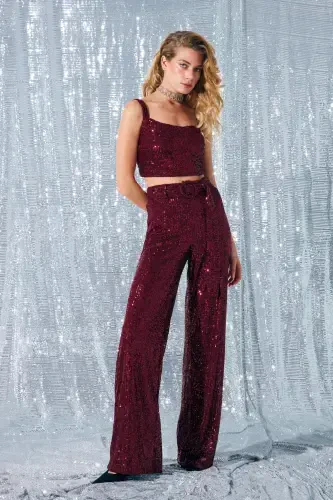 Belted Sequin Pants - Burgundy - 1