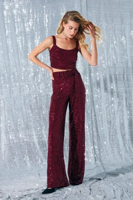 Belted Sequin Pants - Burgundy - 2