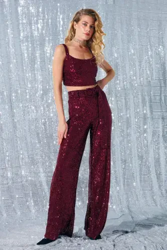Belted Sequin Pants - Burgundy - 4