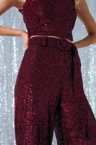 Belted Sequin Pants - Burgundy - 6